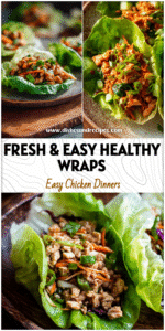 Fresh Healthy Chicken Lettuce Wraps topped with vegetables served on a rustic plate.